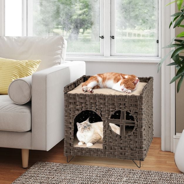 Casinha dobrável de vime para gatos com 2 andares, estilo condomínio para gatinhos, móvel para animais de estimação para ambientes internos, com mesa lateral - Marrom - Image 3