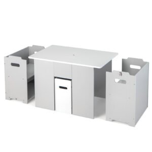 Conjunto de mesa e cadeira de madeira para crianças com armazenamento e suporte para rolo de papel - cinza