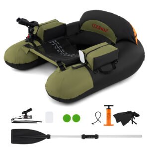 Bote inflável para pesca com suporte ajustável para vara de pesca, suporte para anzol e remo de alumínio verde.