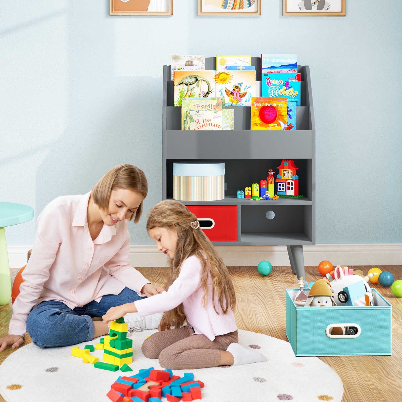 Estante infantil para livros com 3 prateleiras e 2 gavetas - Cinza - Image 2