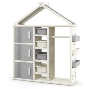 Guarda-roupa infantil para fantasias com caixas organizadoras, prateleiras e cestos laterais para quarto infantil - Cinza