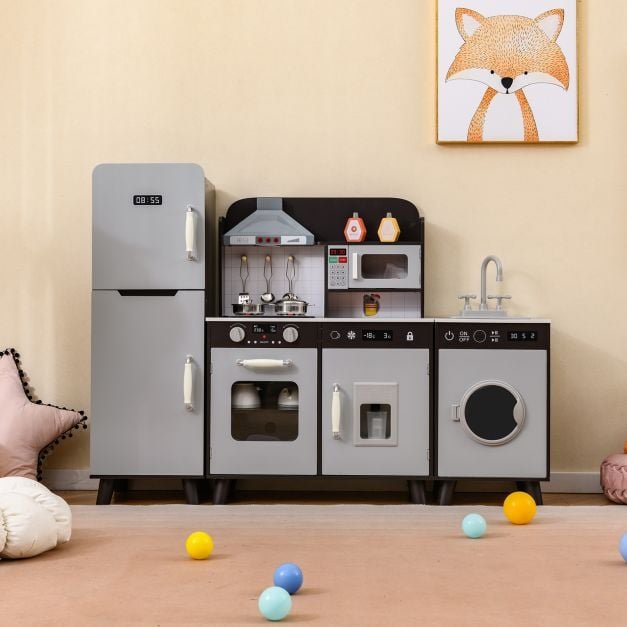 Conjunto de cozinha infantil 3 em 1 com luzes e sons para crianças a partir de 3 anos, com geladeira, máquina de lavar e máquina de gelo, cinza.