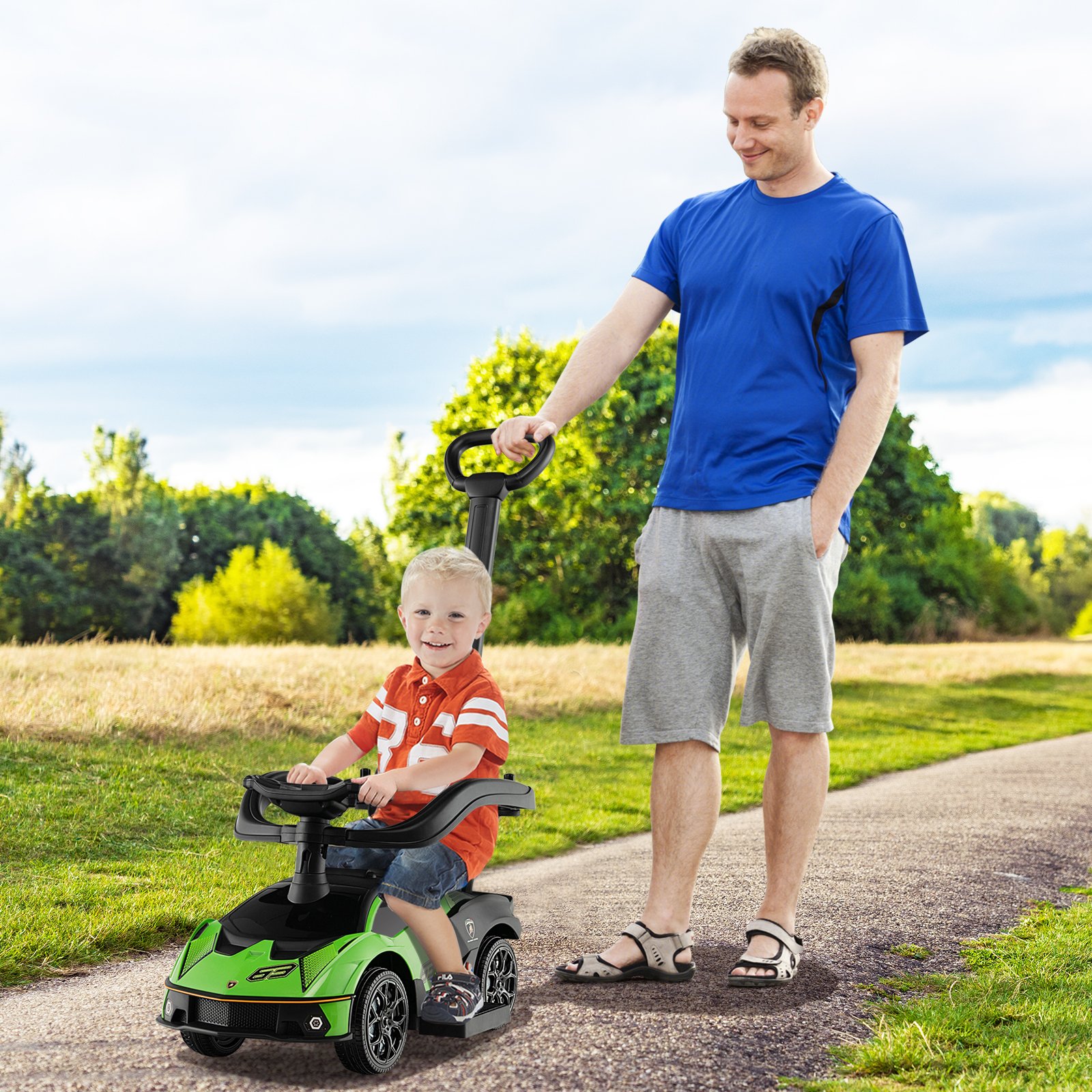 Carrinho de passeio Lamborghini 3 em 1 licenciado, com alça e proteção lateral - Verde - Image 3