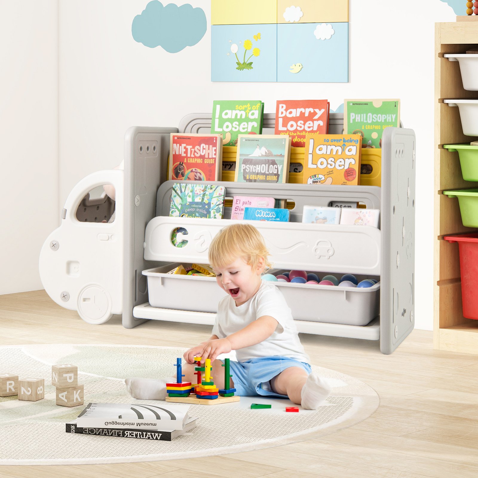 Armário para guardar brinquedos e livros com tema de carros para crianças