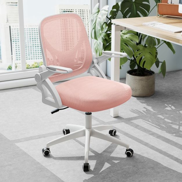 Cadeira de escritório ergonômica em tela mesh com suporte lombar e braços rebatíveis - Rosa - Image 2