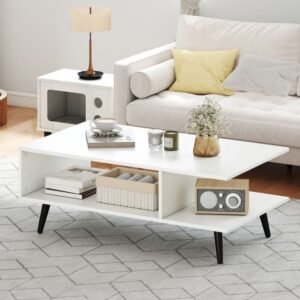 Mesa de centro com espaço de armazenamento, mesa de sala de estar de 2 níveis com prateleira aberta e pés de metal, mesa lateral de madeira, 80 x 45 x 30 cm, branca