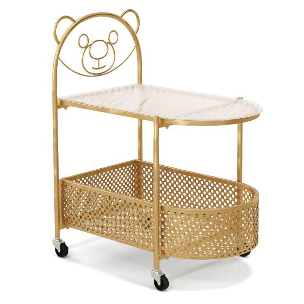 Mesa de centro de vidro móvel de 2 níveis com estampa de urso e cesto de armazenamento - Dourada