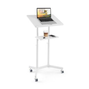 Púlpito móvel com altura ajustável, carrinho para laptop com rodinhas e bandeja superior inclinável para armazenamento - Branco