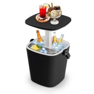 Mesa de bar portátil 3 em 1 com cooler, abridor de garrafas e tampa articulada para camping e piscina - Preta
