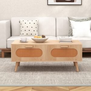 Mesa de centro em rattan, estilo moderno de meados do século XX, com 2 gavetas de arrumação - Cor natural