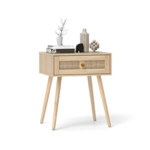 Mesa de cabeceira em rattan com gaveta e pés de madeira maciça - cor natural