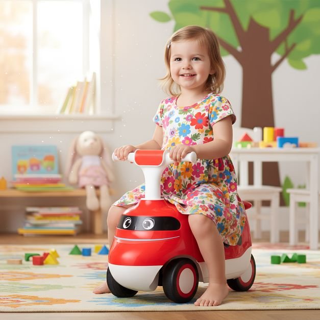 Carrinho de passeio infantil com rodinhas, buzina e espaço para guardar coisas - Vermelho - Image 2
