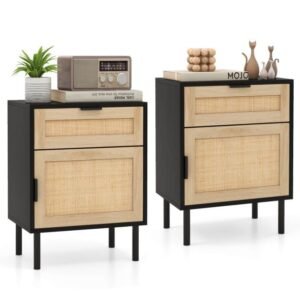 Conjunto de 2 mesas de cabeceira em rattan estilo moderno de meados do século XX com gaveta e armário - Preto