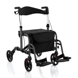 Andador Rollator 2 em 1 com Alça Dobrável Ajustável e Espaço de Armazenamento - Preto