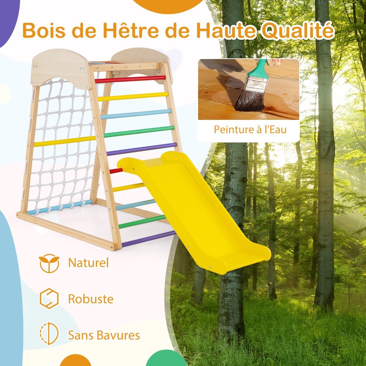 Barra de exercícios 6 em 1 com escorregador, parede de escalada, rede de escalada, escada e túnel de escalada. Colorido. - Image 3