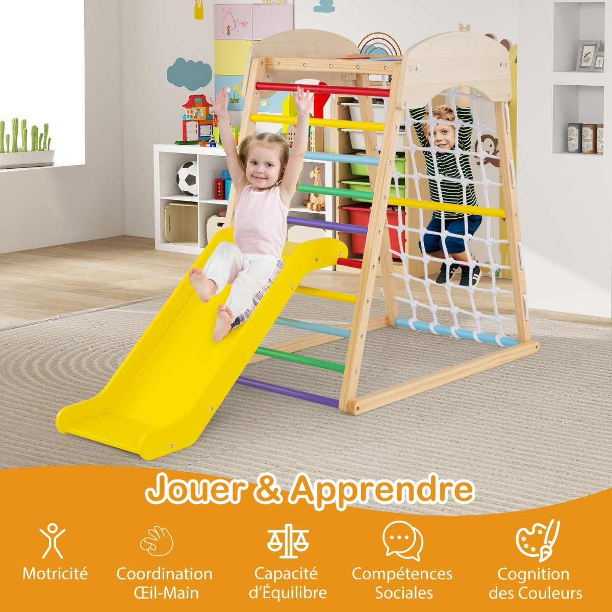 Barra de exercícios 6 em 1 com escorregador, parede de escalada, rede de escalada, escada e túnel de escalada. Colorido.