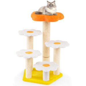 Torre para gatos com poleiro de sisal macio e confortável para pular, árvore para gatos de interior em formato de flor amarela