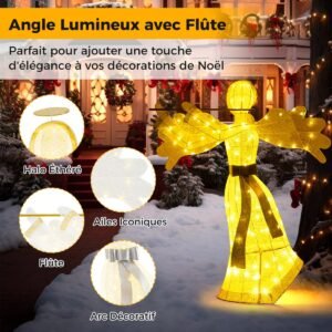 Anjo de Natal Iluminado, Decoração Artificial com 100 Luzes LED, 4 Estacas e 10 Abraçadeiras.