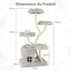 Arranhador de madeira de 165 cm com 4 áreas aquecidas para deitar, toca para gatos e postes de sisal, cor cinza.