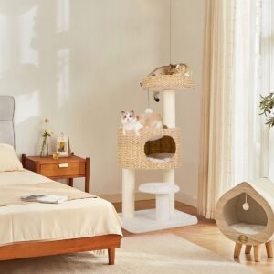 Torre moderna para gatos com brinquedo pendurado e dispositivo anti-tombamento - Cor natural