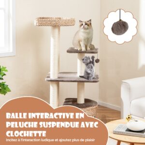 Torre para gatos de 131 cm em formato de taboa com postes de sisal para arranhar, poleiro e casinha com bola pendurada - Cor café