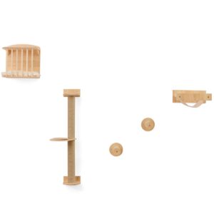 Conjunto de 5 peças de arranhador de parede para gatos com plataformas e postes de sisal, casinha para gatos e cama para gatos.