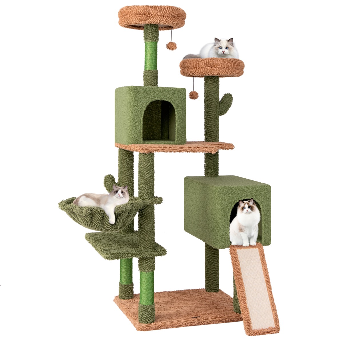 Árvore para gatos em forma de cacto, 160 cm, torre de vários níveis com postes de sisal para arranhar - Verde