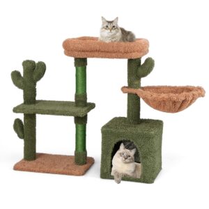 Árvore para gatos em forma de cacto com plataforma, rede e toca para gatos, verde e marrom (81 cm de altura)