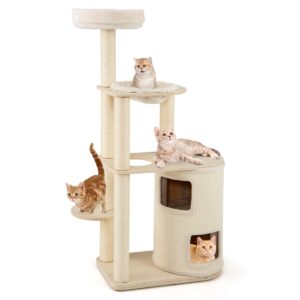 Torre de madeira para gatos de 151 cm com postes de sisal para arranhar e almofada de pelúcia lavável - Natural