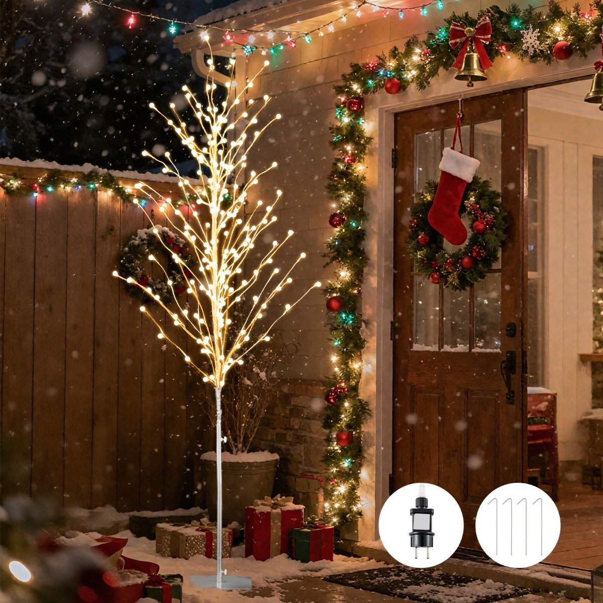 Árvore de Natal artificial de bétula pré-iluminada de 186 cm com 168 luzes LED brancas quentes e estacas de metal para decoração de festas de Natal. - Image 2