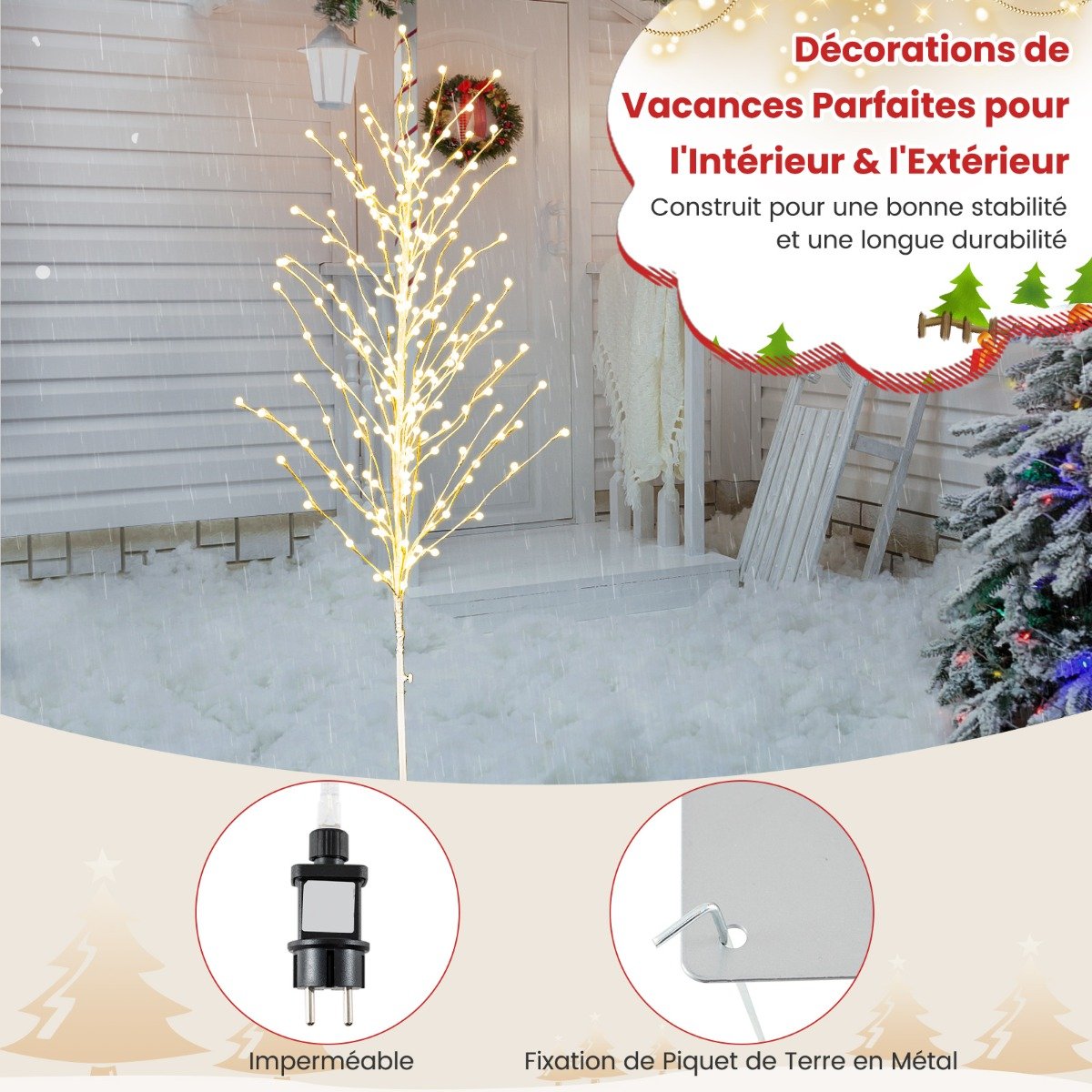 Árvore de Natal artificial de bétula pré-iluminada de 186 cm com 168 luzes LED brancas quentes e estacas de metal para decoração de festas de Natal. - Image 3