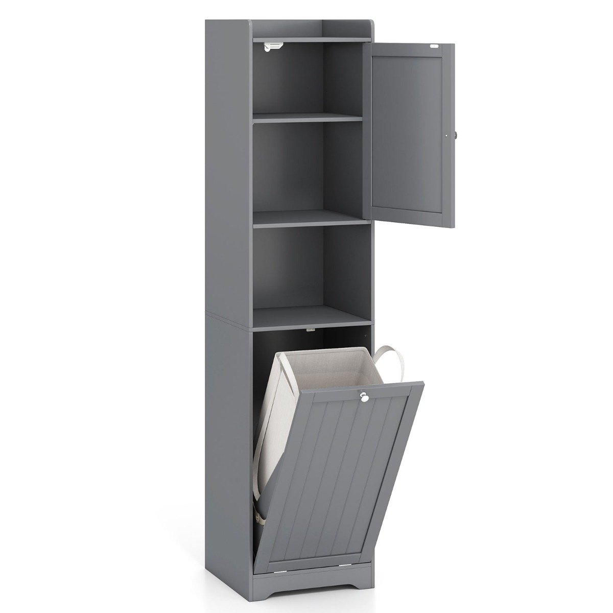Armário de banheiro de 170 cm, sólido e estreito, com coluna para lavanderia, prateleira ajustável, saco para roupa suja com alças, cinza. - Image 2