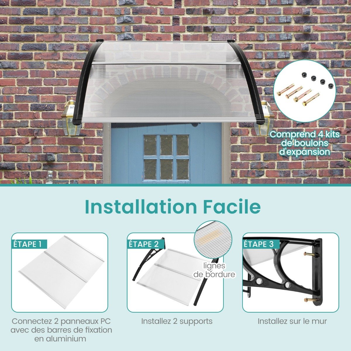 Toldo transparente para porta e janela, 102 x 98 cm