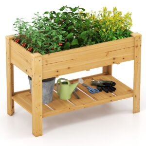 Canteiro elevado de madeira com prateleira e furos de drenagem. Canteiro elevado para jardim. Floreira natural.