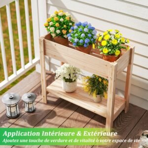 Canteiro elevado de madeira com pés, prateleira de armazenamento e orifícios de drenagem para flores, 81x38x76cm
