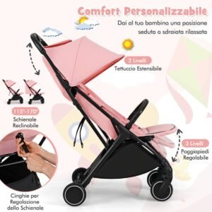 Carrinho de bebê leve, dobrável com uma só mão, portátil, com encosto reclinável, rosa.