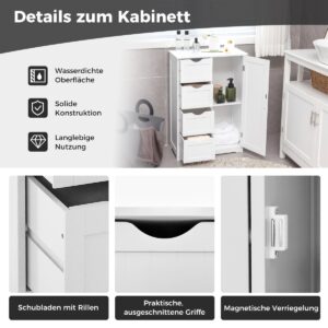 Armário de banheiro com 4 gavetas e 1 fechadura magnética na porta, branco.