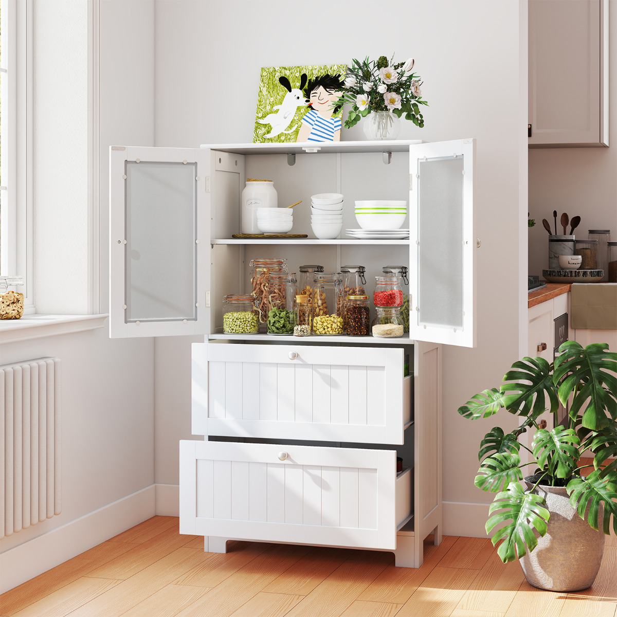 Armário de chão para banheiro, com 2 gavetas e 2 portas de vidro fosco - Branco - Image 3