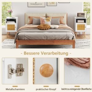 Mesa de cabeceira em rattan com espaço de armazenamento e porta decorada em rattan PE - Branca - 1 unidade