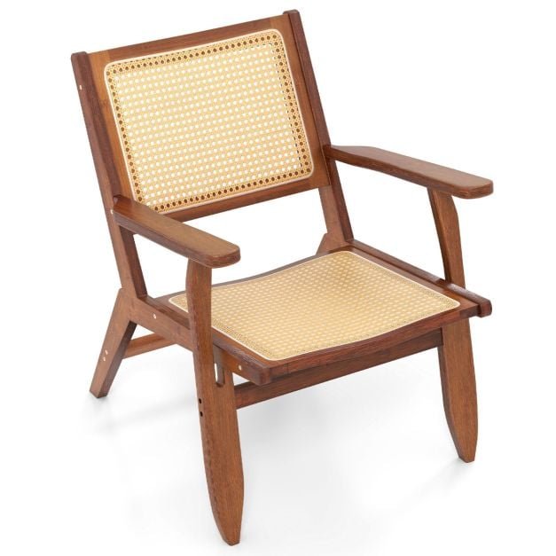 Poltrona Boho de Rattan com Madeira Maciça de Bambu - Nogueira