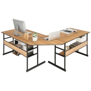 Mesa em formato de L com tampo inclinável, estante inferior e suporte para CPU, mesa de desenho, mesa para computador, 170 x 150 x 75 cm, nogueira