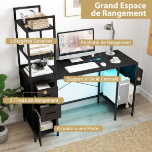 Mesa de escritório moderna com luzes LED e tomadas, prateleiras abertas, 2 gavetas, compartimento para CPU e porta-objetos na cor preta.