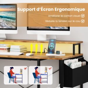 Mesa em formato de L com tomadas e iluminação LED. Mesa para computador gamer, cor marrom rústico.