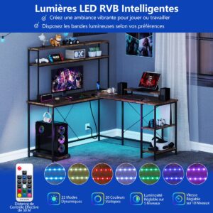 Mesa de jogos em formato de L com faixa de LED e tomadas elétricas, mesa de canto com prateleira para monitor/CPU, marrom.