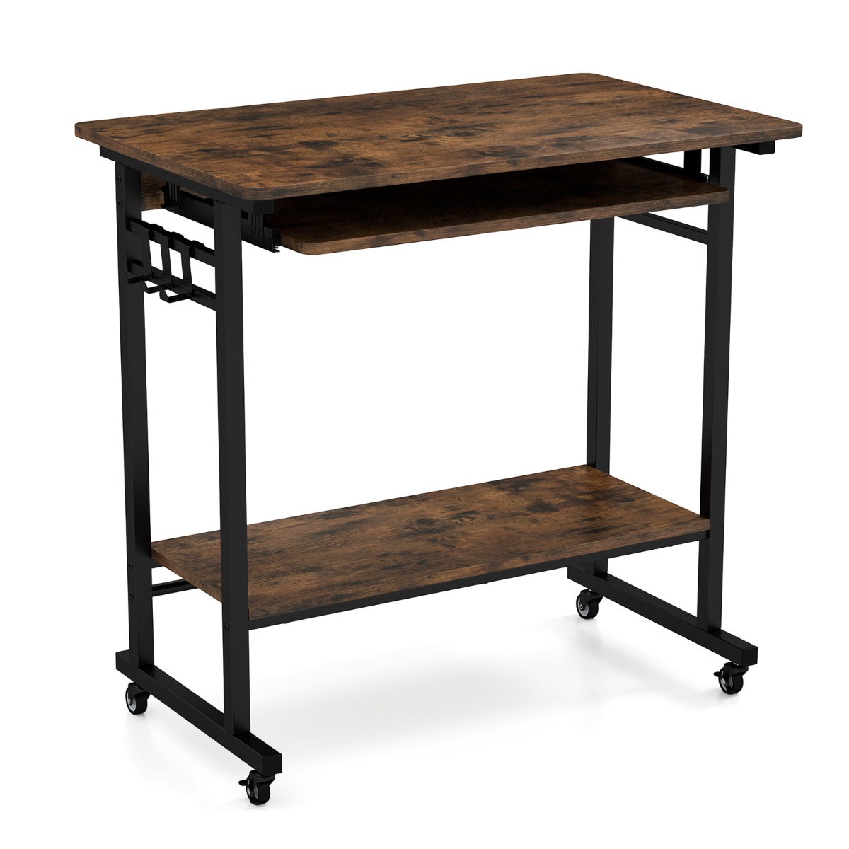 Mesa de computador com rodinhas, mesa móvel para computador com bandeja retrátil para teclado, ideal para escritório em casa ou quarto infantil, cor marrom. - Image 3