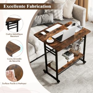 Mesa de computador com rodinhas, mesa móvel para computador com bandeja retrátil para teclado, ideal para escritório em casa ou quarto infantil, cor marrom.