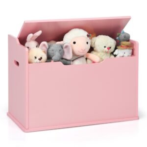 Baú de brinquedos com tampa 2 em 1 com almofada, armário de brinquedos em madeira com alças para transporte, rosa.