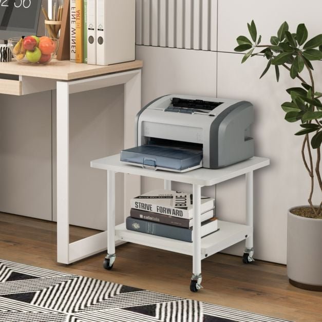 Suporte para impressora de 2 níveis com 4 rodas e prateleira para armazenamento de arquivos, organizador de armazenamento branco. - Image 2