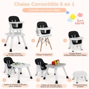 Conjunto de mesa e cadeira para bebê 6 em 1, conversível em cadeira alta para bebês, cadeira de alimentação, assento elevatório para sala de jantar, preto.