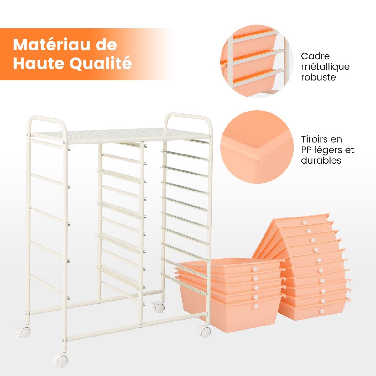 Carrinho Organizador Multiuso com 15 Gavetas e Rodízios - Cor Pêssego - Image 3